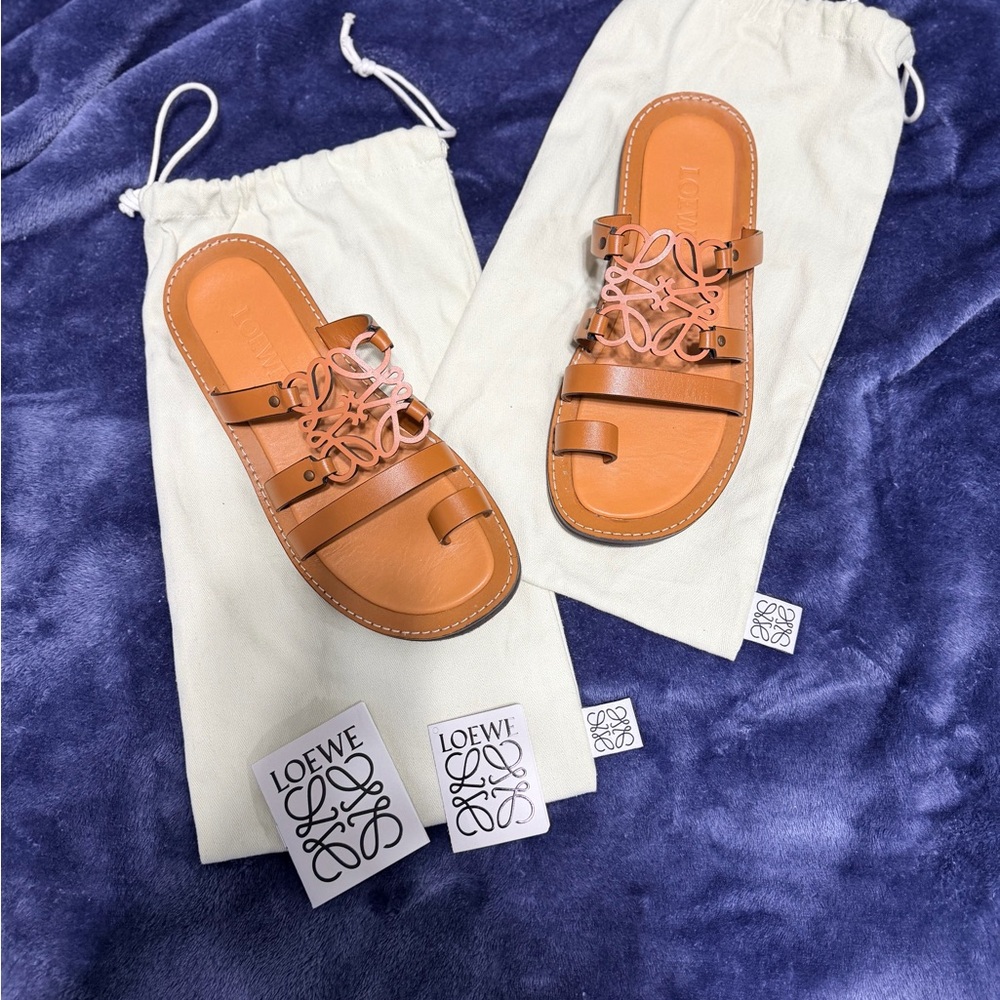 Loewe Tan Leather Anagram Slide Sandals with Pink Accent